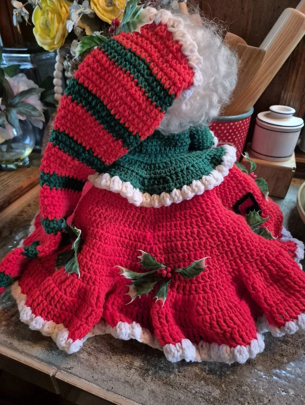 Vintage Christmas Pointsettia Large Crocheted Doll Full Size W/Moveable Limbs